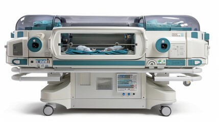 a neonatal incubator, a vital piece of neonatal care equipment, isolated on white.