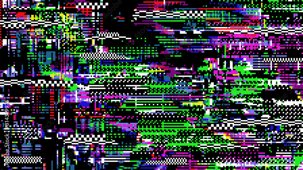 Poster Retro pixel glitch background of TV screen with color noise pixels, abstract vector texture. Broken TV screen digital error or VHS video and retro television distortion signal on glitch noise screen