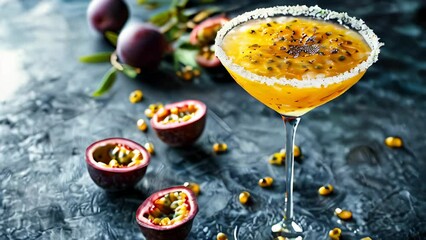 Exotic passion fruit cocktail on dark textured surface with fresh fruits