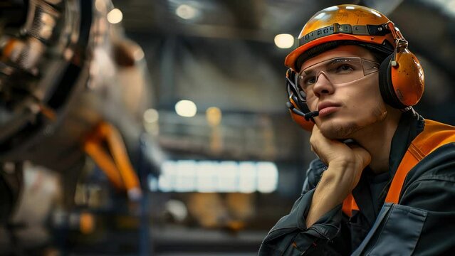Worker in orange vest with helmet thinking at industrial site