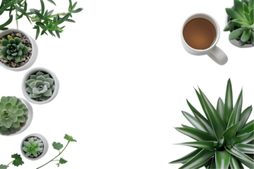 floral frame with a cup of hot tea and green leaves