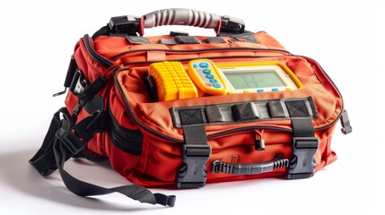 A portable defibrillator, essential for emergency response, isolated on white
