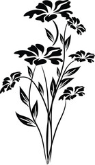  a black and white drawing of a flower and leaves