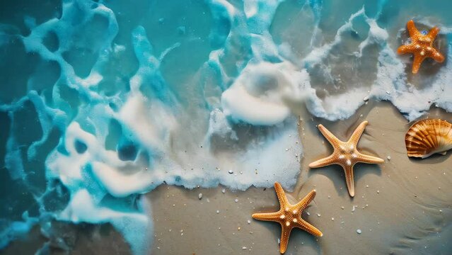 Sea foam on sandy beach with starfish and shell