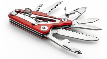 a camping multi-tool with extended blades and tools, displayed on a white background.