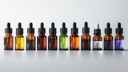 a collection of essential oil bottles for aromatherapy, displayed neatly, isolated on white.