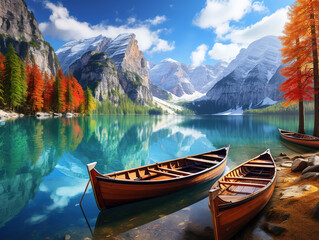 Obraz premium Man rowing boat in the blue lake of braies in the dolomites, south tyrol, italy
