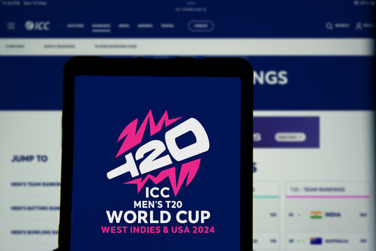 Dhaka, Bangladesh- 14 May 2024: ICC Men's T20 World Cup logo is displayed on smartphone.