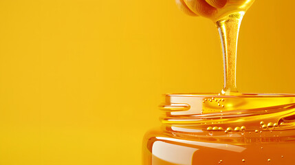 Honey drips from a wooden dipper over yellow background