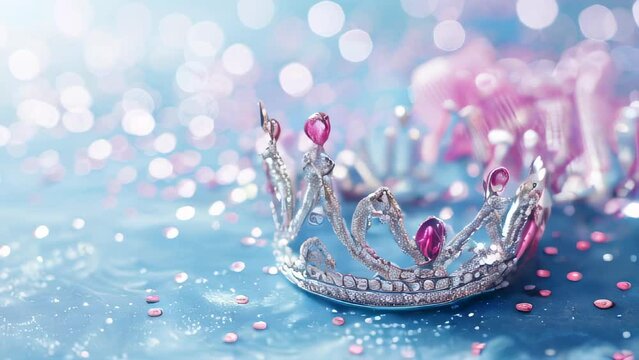 Silver tiara with pink gemstones on glittery blue background