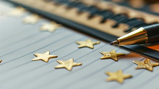 Pen rests on notebook with scattered golden star confetti and keyboard in background