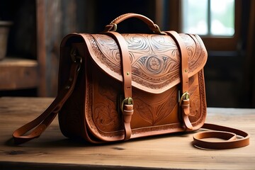 A unique, handcrafted leather bag with intricate stitching and a vintage feel.
