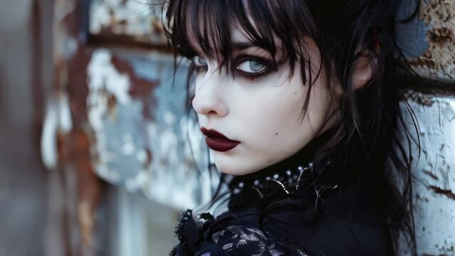 Woman with dark makeup and black attire suggestive of gothic fashion standing in front worn-out background