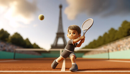 3D cartoon image of a young boy playing tennis, with the Eiffel Tower in the background