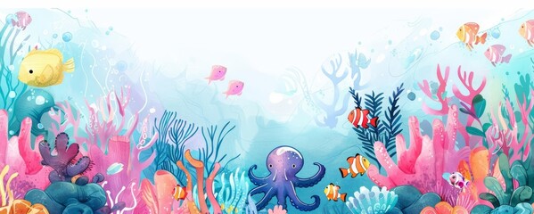 A kawaii watercolor of a bustling coral reef ecosystem