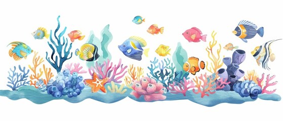 Fototapeta premium A kawaii watercolor of a coral reef environment with various types of colorful fish swimming amongst coral, illustrating underwater biodiversity, isolated on white