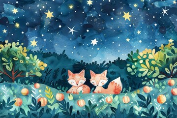 Naklejka premium A kawaii watercolor of a family of foxes enjoying a night under the stars