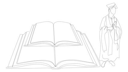 One continuous line of Book with college graduate, university student graduation. Thin Line Illustration vector concept. Contour Drawing Creative ideas.