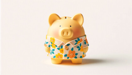 A pastel yellow piggy bank wearing a floral patterned shirt, on a white background