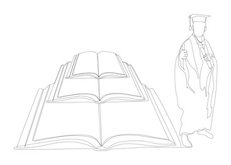 One continuous line of Book with college graduate, university student graduation. Thin Line Illustration vector concept. Contour Drawing Creative ideas.