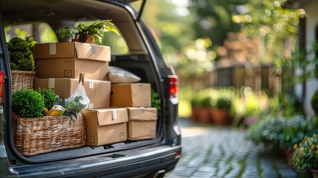 The trunk of car is full with cardboard boxes, bags and other objects from moving in front of an apartment building at summer. Back to school concept.
