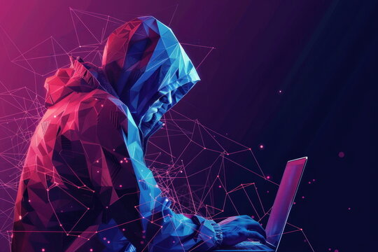 polygonal hacker with laptop, Cyber attack, Computer hacking concept, criminal