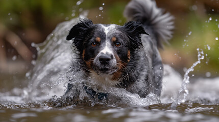 A Black And White Dog Plunges Through The River, Water Cascading Around As It Enjoys The Cool Refreshing Splash