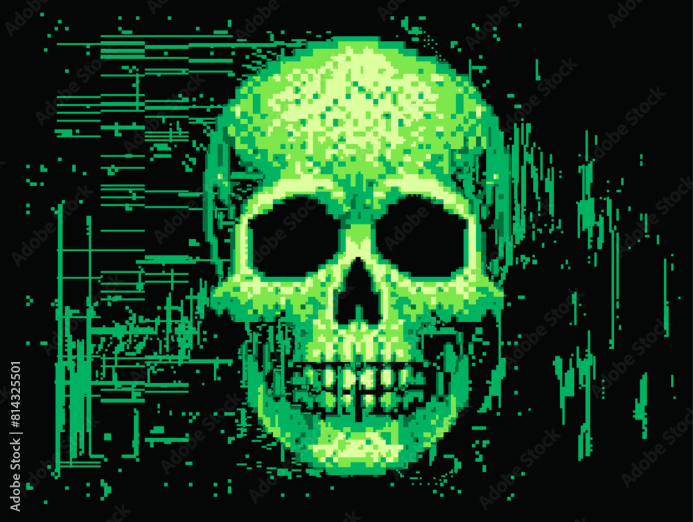 Poster green skull on a glitchy pixelated background. the concept of cybersecurity and malware.