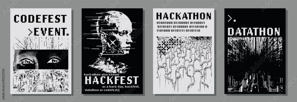 Poster set of futuristic posters with 8-bit pixel art illustrations of glitched human heads. covers for hac