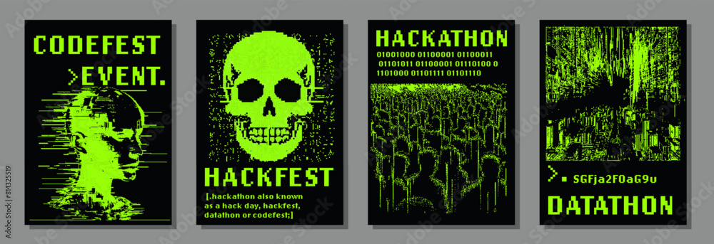 Poster set of retrofuturistic posters with pixel art illustrations of glitched human head and skull. covers