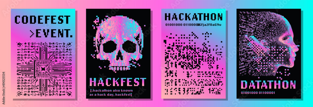 Poster set of holographic futuristic posters with pixel art illustrations of human head and skull. covers f