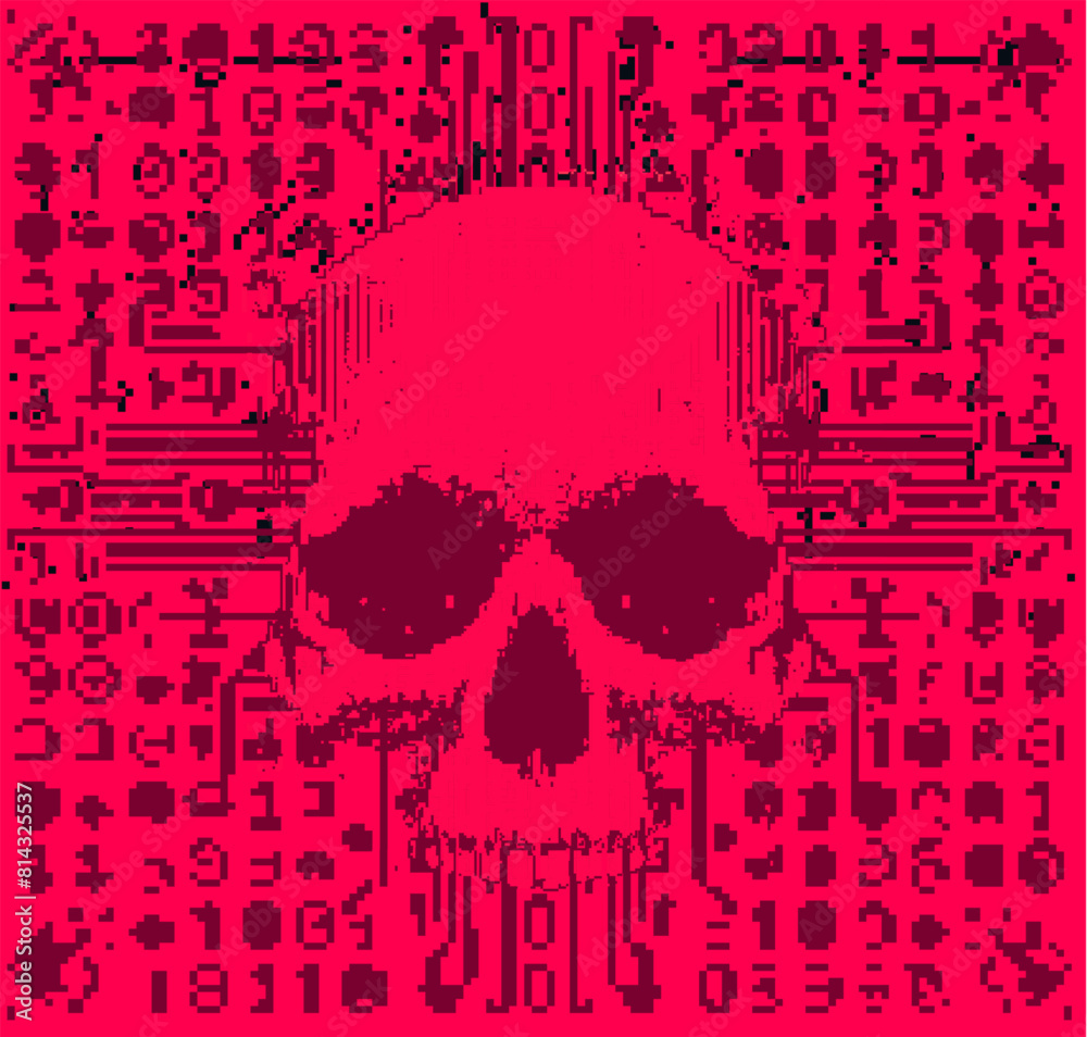 Poster Skull on a glitchy pixelated background. The concept of cybersecurity and malware.
