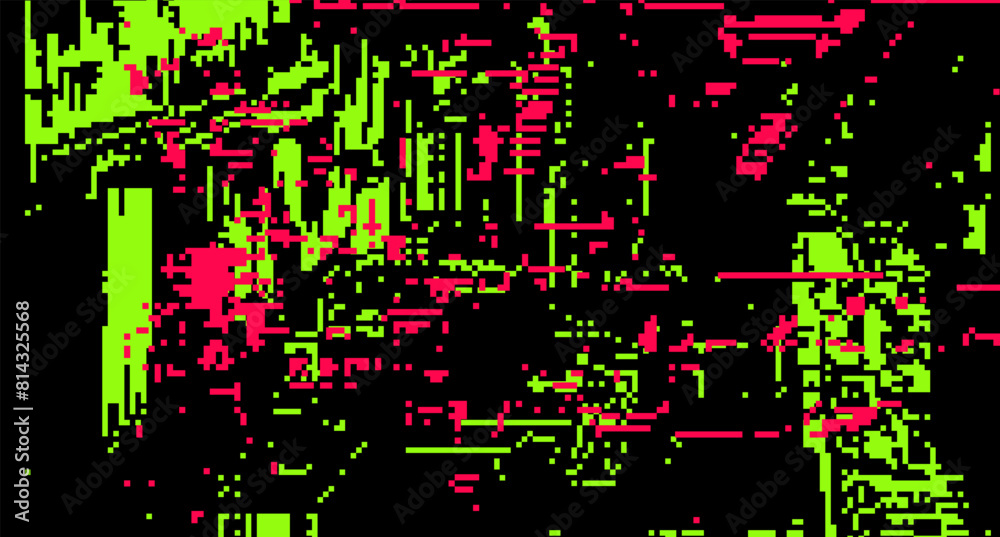Poster abstract glitchy background with random pixel noise. vector illustration in green and black colors.