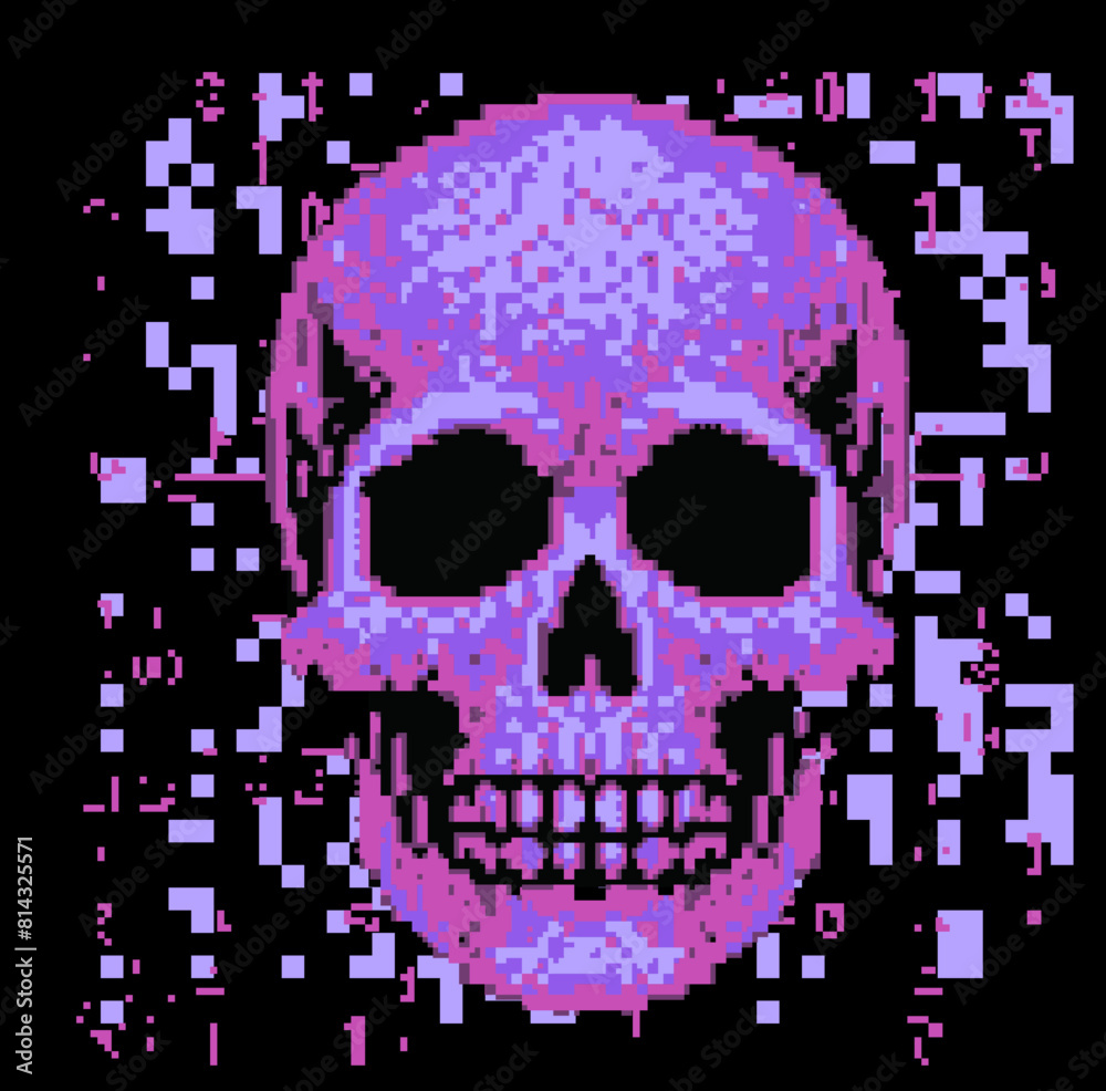 Poster violet skull on a glitchy pixelated background. the concept of cybersecurity and malware.