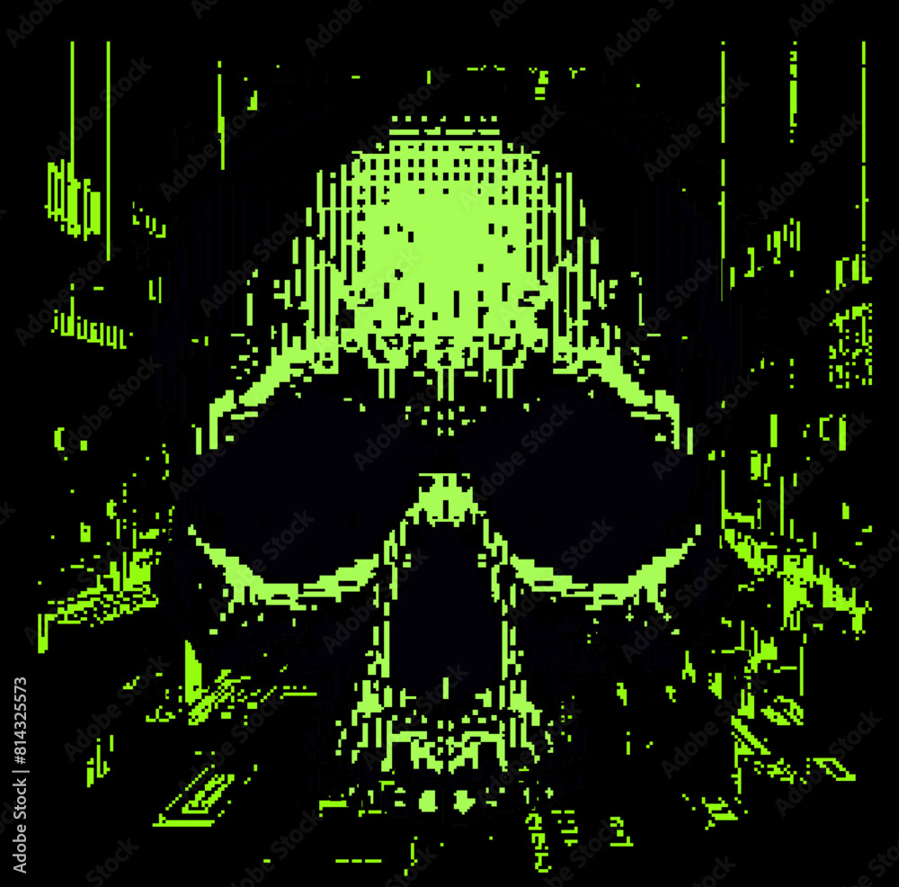 Poster green skull on a glitchy pixelated background. the concept of cybersecurity and malware.
