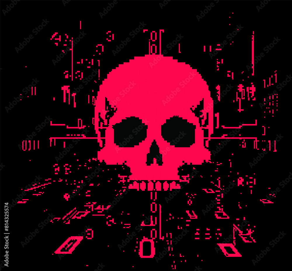 Aufkleber red skull on a glitchy pixelated background. the concept of cybersecurity and malware.