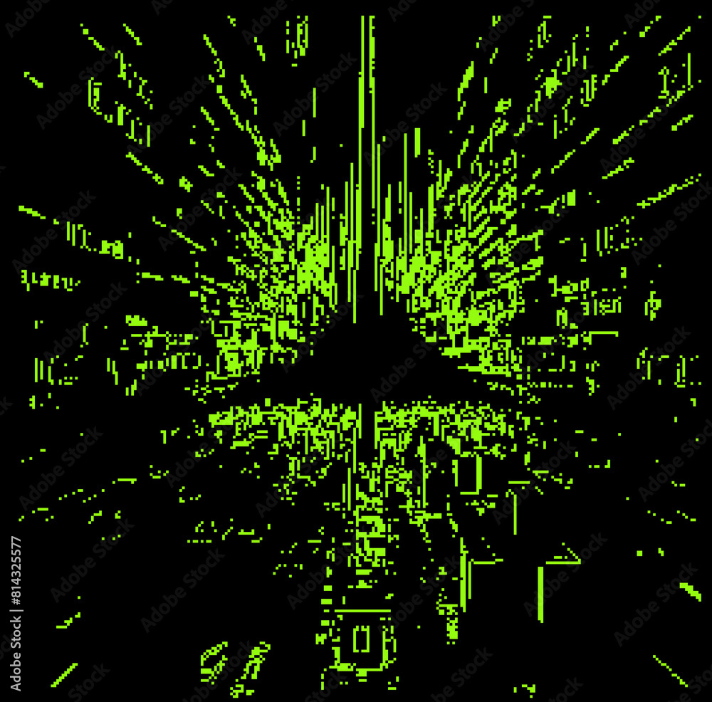 Poster abstract glitchy background with random pixel noise. vector illustration in green and black colors.
