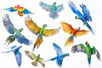 A set of watercolor depictions of various tropical birds in midflight against a clear blue sky, emphasizing freedom and the beauty of flight, isolated on white