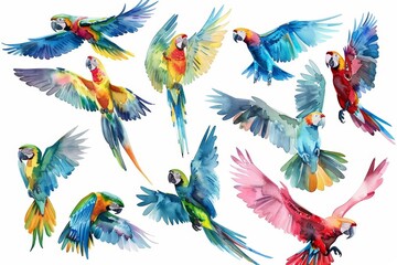 A set of watercolor depictions of various tropical birds in midflight against a clear blue sky, emphasizing freedom and the beauty of flight, isolated on white