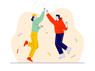Young couple jumping in winning. Happiness vector illustration