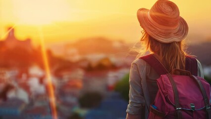 Woman with backpack watching sunset over cityscape