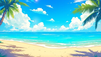 Naklejka premium Colorful beach illustration with palm trees and hibiscus