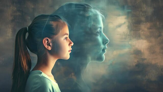 Young girl with ghostly woman's face overlay, suggesting reflection or growth