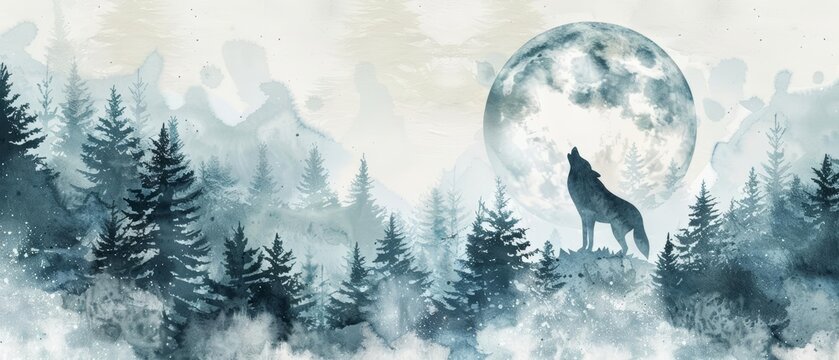 A watercolor painting of a lone wolf howling at a full moon