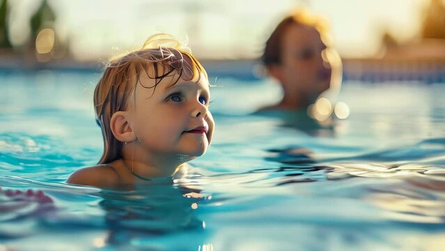 Child enjoying swimming in pool, adult background
