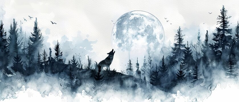 A watercolor painting of a lone wolf howling at a full moon