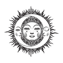 Sun with face and two crescents, moon phases, eclipse symbol, astrological boho tattoo for witch. Modern hand drawn icon for zodiac and horoscope, Vintage vector logo.