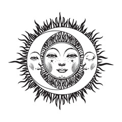 Sun with face and two crescents, moon phases, eclipse symbol, astrological boho tattoo for witch. Modern hand drawn icon for zodiac and horoscope, Vintage vector logo.