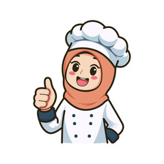 happy chef hijab shows thumb up vector illustration template design. cute cartoon character.