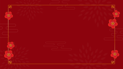 Chinese frame border decoration with flower on red Chinese pattern background. Space for your text. Vector illustration.